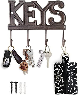 Comfify Schlüsselbrett - KEYS - Wandmontierter Schlüsselhaken - Rustikaler Schlüsselorganizer aus Gusseisen - Dekoratives Schlüsselregal mit 4 Haken - mit Schrauben und Dübeln - 6''x8''