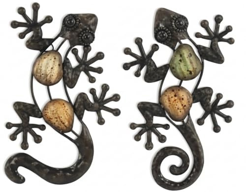 ROCKING GIFTS Wandverzier x2 Eidechsen, Metall, 15 cm, Wanddekoration, Garten im Freien, Echsenfigur, Metalldekoration, Anhänger, Terrasse oder Zaun, Terrasse, Äußere