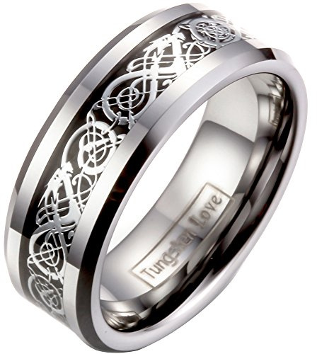 JewelryWe Schmuck Herren Wolframcarbid Ring Band Silber Schwarz Irish Celtic Knot Irischen Keltisch Knoten Drachen Jahrgang Hochzeit Größe 65
