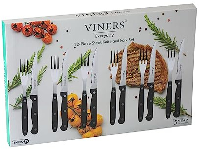 Viners Everyday Stainless Steel Steak Cutlery Set | Set of 6 Serrated Knives + 6 Three-Prong Forks | Triple Riveted Handles | Gift Box