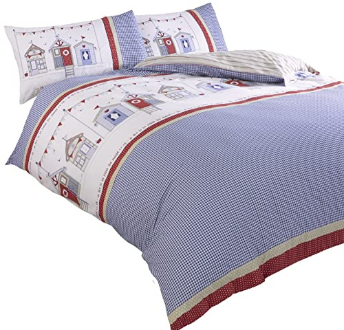 Rapport Home Beach Hut Duvet Cover Set, Seaside Summer Print - Single Blue | Seaside summer print design. Fun coastal bedding. Easy-care fabric for any bedroom.