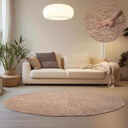 HomebyHome Shaggy Hochflor Teppich, 160 cm Rund, Beige, weich, flauschig, modern, einfarbig, Für Wohnzimmer oder Schlafzimmer, für Wohnzimmer Schlafzimmer Flur