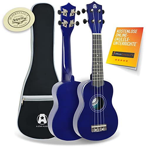 A-Star Sopran-Einsteiger-Ukulele in Blau mit hochwertigen Aquila-Saiten, inklusive gepolsterter Tasche