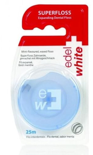 edel+white Expanding Superfloss 25 m in Blister I Zahnseide gewachst, Minze I Dental Floss I Zahnzwischenraumreiniger für eine gründliche Mundhygiene