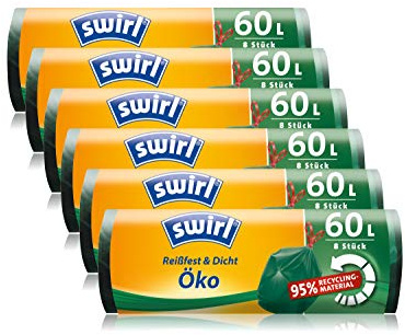 Swirl eko-soppåse med dragband, 60 liter, 6 rullar med 8 påsar vardera, mörkgrön
