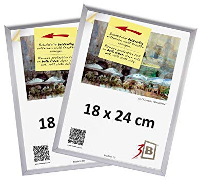 3-B Lot de 2 Cadres ALU FOTO 18x24 cm - argent mat - cadre photo en aluminium, mural et de table, avec verre acrylique