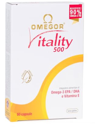 Omegor Vitality 500 - Supplément alimentaire avec 90% des oméga 3 sous forme de triglycérides - vitamine E - pour le cœur, vue et cerveau en santé - Certifié IFOS - sans arrière-goût - 60 gélules