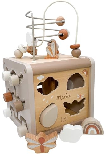 Label Label Cube de motricité en bois en nougat I Jouet de motricité à partir de 1 an personnalisé avec nom I Cube d'activité comme cadeau de 1er anniversaire pour filles et garçons I Cube d'activité
