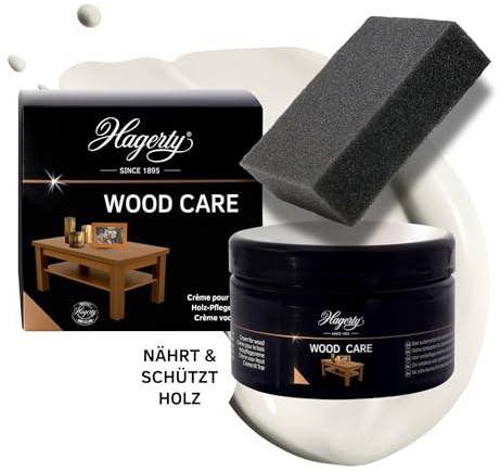 Hagerty Wood Care Holzpflege Creme 250 ml I Effektives Holzpflegemittel mit Holzessenzen aus Teakholz I Holzreiniger für Skulpturen Rahmen Möbelpflege I Reinigung für alle Holzarten inkl. Schwamm