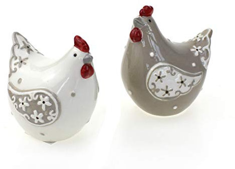 Lot de 2 figurines décoratives en forme de poule assis - 9 cm - En céramique - Blanc, marron, rouge - Pour le printemps, l'été, Pâques