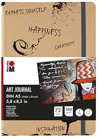 Marabu 1612000000100 - Notebook Art Journal, 180 g/qm, 72 Blatt, DIN A5, naturweiß, Papier fein gekörnt, matt, säurefrei, lichtbeständig, hochwertige Fadenbindung und Falttasche innen