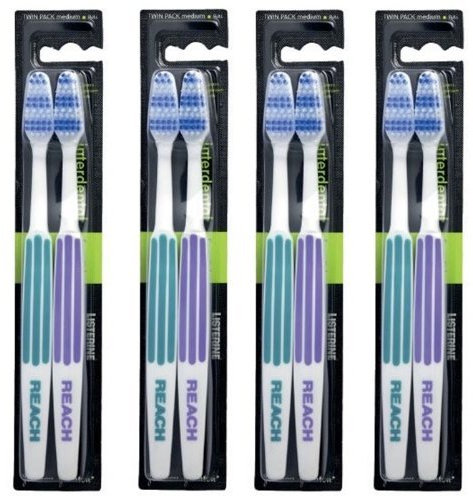 REACH Essential Care Interdental Medium Toothbrush, Duo Pack x 4, Full Head Hard Bristle Manual Toothbrushes, Variety Colors Multipack, Daily Oral Enamel Dental Care