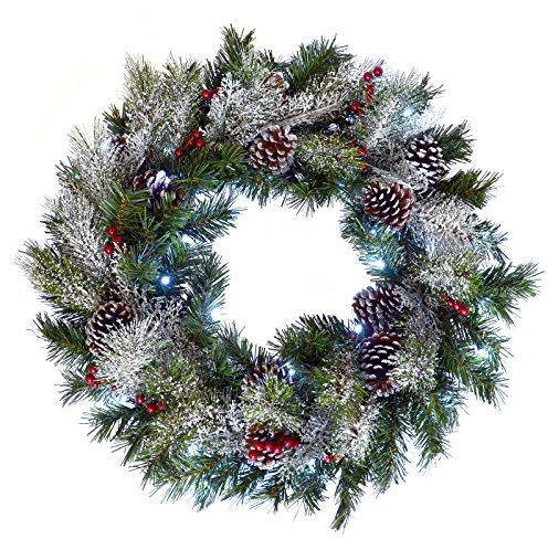 SPARKLES 24 (61cm) Light Up LED Green Snow Frosted Christmas Xmas Wreath Door Decoration