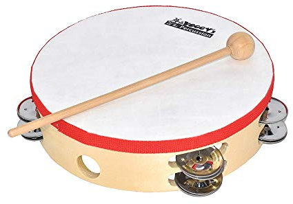 Voggenreiter Voggy’s großes Tamburin mit Schellenkranz Klangspielzeug Instrument Kinder (12 Schellen, Kunststoff-Fell, Griffloch, 225 x 55 mm, inkl. Holzschlägel), braun, Natur, Voggenreiter_1061-1