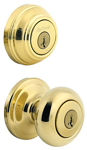 Kwikset Juno Keyed Entry Door Knob and Single Cylinder Deadbolt Combo Pack with Microban Antimicrobial Protection Featuring SmartKey Security in Polished Brass