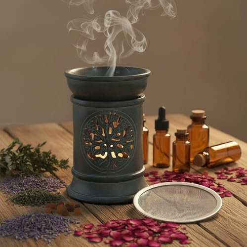 Budawi® Aroma Duftlampe & Räucherstövchen – Speckstein Baum des Lebens | Mit Schale & Edelstahlsieb | 2-in-1 Aromalampe für Öle, Kräuter & Harze