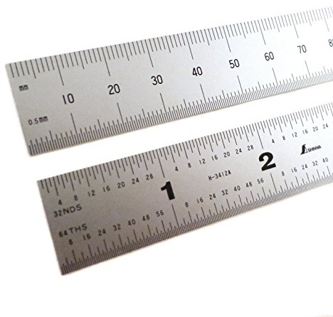 Shinwa 12 300 mm English Metric Rigid (1.250 wide x .040 thick) Zero Glare Satin Chrome Stainless Steel E/M Machinist Engineer Ruler/Rule with Graduations in 1/64, 1/32, mm and .5mm Model H-3412C