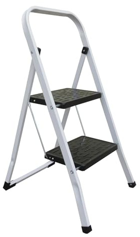 MSV - Escabeau Pliant 2 Marches en Acier - Capacité 150 kg - Norme GS Sécurité - Design Compact et Pliable, Gain de Place - Pieds Antidérapants - Blanc