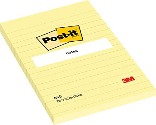 Post-it Large Notes, Canary Yellow, Lined, 6 Pads, 101 mm x 152 mm, 100 Sheets per Pad - Extra Sticky Notes for Walls, Monitors and Fridge