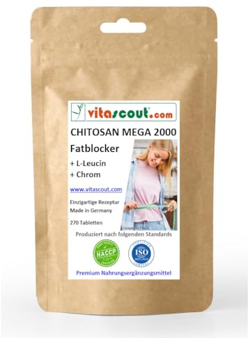 CHITOSAN MEGA 2000 + L-Leucin + Chrom - 270 Tabletten - Fatblocker - Neue verbesserte Rezeptur - Hochdosiert - Ohne Magnesiumstearat - Unterstützt normalen Fettstoffwechsel und Blutzuckerspiegel