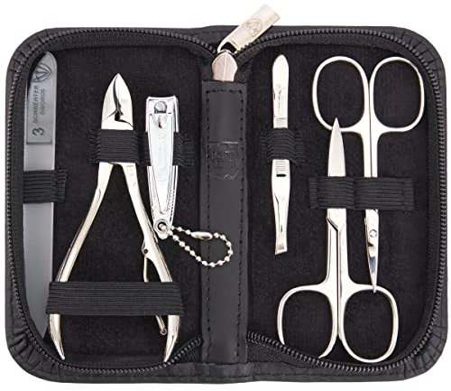 DREI SCHWERTER - 6-tlg. Nagelset 'Verona' | Umfassendes Maniküre- und Pediküre-Set in schwarzem Echtleder-Etui | Inhalt: Nagelschere, Hautschere, Nagelknipser, Glasnagelfeile, Pinzette, Nagelzange