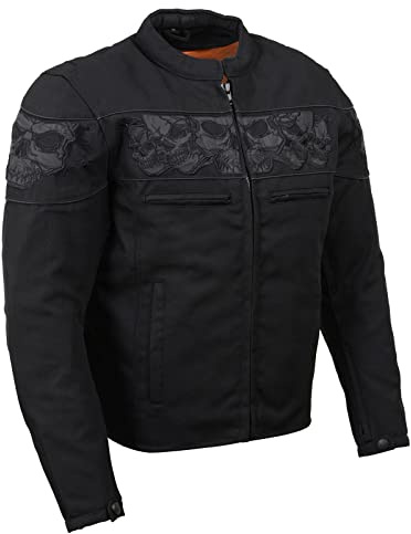 Milwaukee Leather MPM1730 Men's Black Padded Textile All Season Motorcycle Jacket w/Reflective Skulls Artwork - X-Large