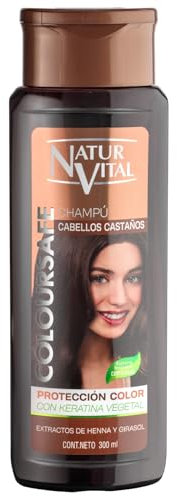 NaturVital - Champú Colorante ColourSafe para Cabellos Castaños, Sin Parabenos ni Siliconas, para Pelo Teñido o Natural, con Keratina Vegetal, Protege el Color, 300 ml