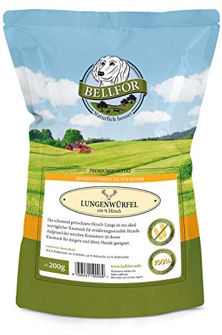 Bellfor Kauartikel für Hunde - Hirsch-Lungenwürfel - 200 g. Getreidefreies Hundeleckerli, hochverdaulich und hypoallergen für alle Hunderassen. Naturkauartikel, beugt der Bildung von Zahnbelag vor.