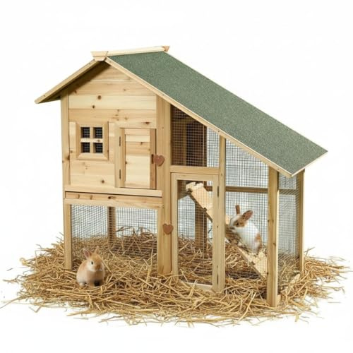 Melko Hasenstall Kaninchenstall mit Auslauf 2-stöckig 100x65x145 cm Holz | wetterfestes Dach mit Dachpappe, herausziehbare Schublade, Lauframpe, offener Boden zum Grasen, für Meerschweinchen geeignet