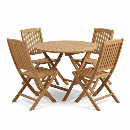 SAM 5tlg. Teak-Holz Gartengruppe Borneo, Garten-Möbel, 1 x Ausziehtisch ca. 120-170 cm x 120 cm + 4 x Hochlehner
