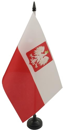 AZ FLAG Tischflagge Polen mit Adler 21x14 cm Kunststoffsockel | Für innen Polnische Tischflagge Polska z orłem genähte Ausführung mit verstärkten Kanten mit Kunststoffstab 100D Polyester