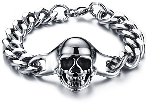 JewelryWe Schmuck Totenkopf Armband Herren Gotik Punk Schädel Skull Panzerkette Armkette Edelstahl Biker Link Armreif Geschenk für Männer
