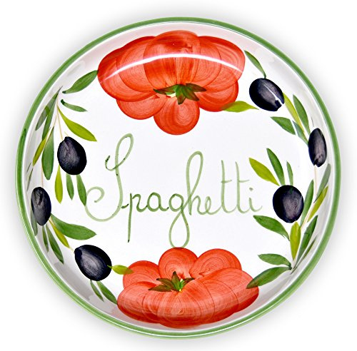Lashuma Flache Nudelschüssel aus Italienischer Keramik, Servierschale Tomaten - Oliven Design, Runde Pastaschüssel 22 cm, Tief 3 cm