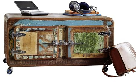 MASSIVMOEBEL24.DE Table Basse avec roulettes 90x60cm - Bois Massif recyclé laqué (Multicolore) - Inspiration Ethnique - FREEZY #20