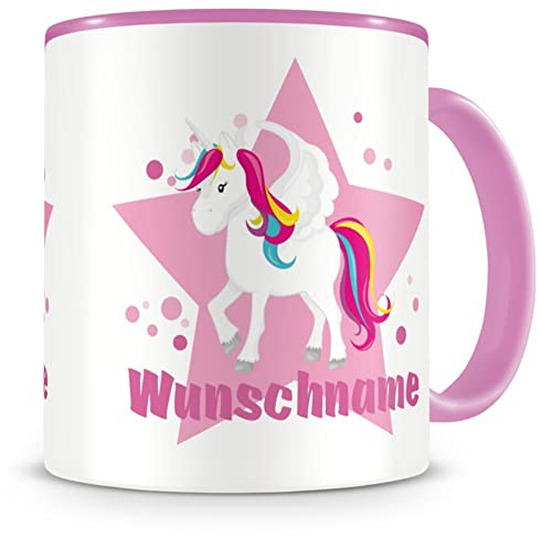 Samunshi® Kindertasse mit Namen Tasse großes Einhorn Personalisierte Tasse mit Namen Kinder Kinderbecher personalisierter Text Namenstasse Kindergarten rosa 300ml