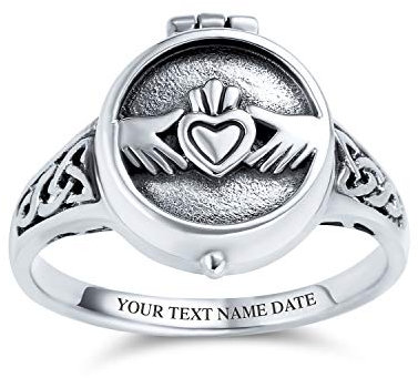 keltische irische Freundschaftspaare versprechen Herz Claddagh Medaillon Ring Andenken Denkmal für Männer und Frauen oxidiert .925 Sterling Silber Custom Gravur