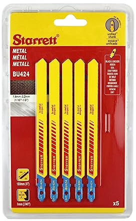 Starrett Metal Cutting Jigsaw Blades - Pack of 5 - BU424-5 Unified Shank Bi-Metal Saw Blade Set for Straight Cuts - Compatible With Bosch Dewalt Hitachi Festool Milwaukee, Yellow, Red, Blue, 100mm