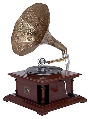 ecWorld Enterprises 7731363 Antik Replica Dunkles Holz Phonograph Grammophone mit großer Gravur Messinghorn