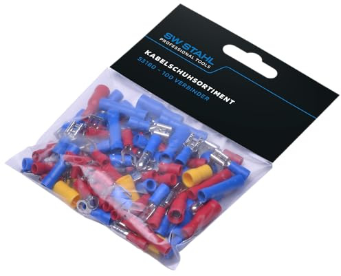 SW-Stahl S3180 Kabelschuhsortiment, 100-teilig - Flachstecker & Rundstecker | Isolierte Steckverbinder aus Kupfer mit PVC, ideal für KFZ und Elektro, assortiert in praktischer Sortimentsbox