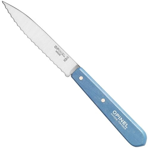 Opinel Erwachsene Kochmesser Küchenmesser No. 113, rostfreier Sandvik-Stahl, Sägezahnung, hellblauer Buchenholzgriff, Mehrfarbig, One Size, 254390