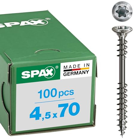 SPAX Fassadenschraube aus Edelstahl rostfrei A2, 4,5 x 70 mm, 100 Stück, T-STAR plus, Reduzierter Linsensenkkopf, Fixiergewinde, 4CUT, 25470004507022