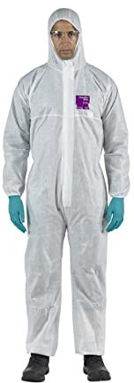 Ansell AlphaTec 1500 Model 138, Disposable Work Overall with Hood, Chemical Protection Type 5/6, Water Repellent Coverall Suit, Industrial Safety Workwear, Men Women, White, Size XL (1 Unit)