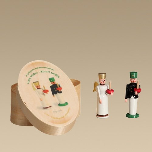 Rudolphs Schatzkiste Holzdekoration Spanschachtel Engel und Bergmann Spandose BxH 6x9cm,Figurenhöhe 5cm NEU Spielzeug Dekoration Holz Spandose Holzdose Seiffen Holzspielzeug Erzgebirge