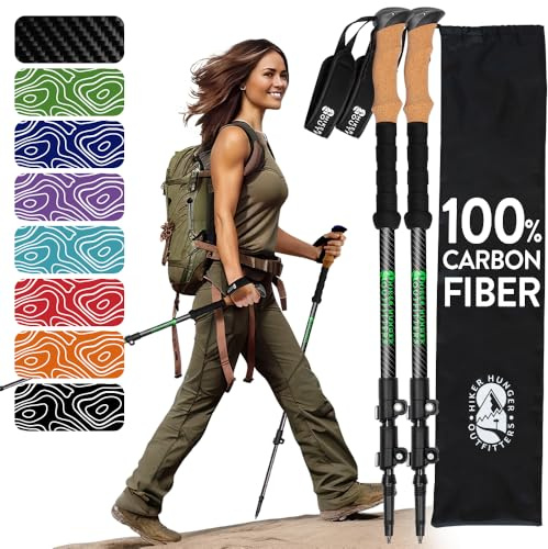 Hiker Hunger Outfitters Carbon Fiber Trekking Poles - Ultralight & Collapsible with Quick Flip-Lock Cork Grips Tungsten Tips - Black & Tan