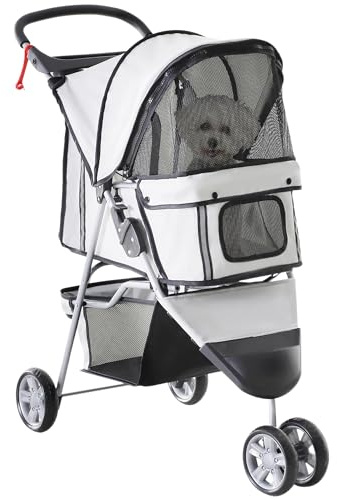 PawHut Dog Stroller, 3 Wheels Foldable Cat Dog Pram with Cup Holder, Storage Basket, Pet Stroller for Small Miniature Dogs, Grey