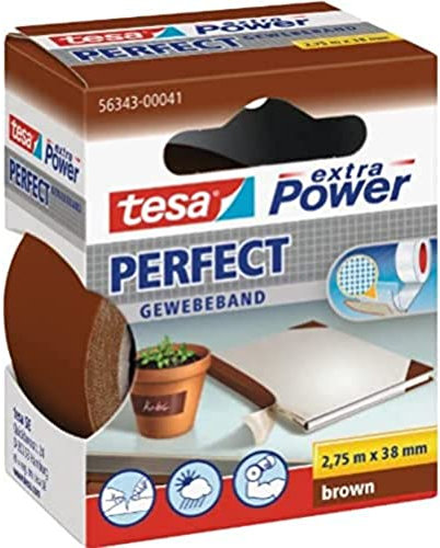 tesa Extra Power Perfect - Cinta de Reparación Reforzada en Tela para Confeccionar, Reparar, Fijar, Reforzar y Etiquetar - Marrón - 2.75 m x 38 mm