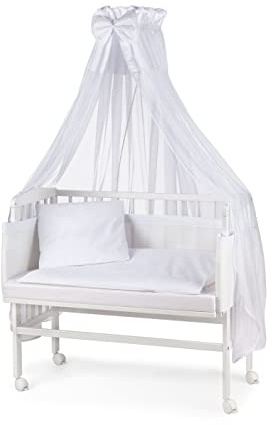 Waldin Baby Beistellbett mit Matratze und Stoffen, Höhen-verstellbar, Große Liegefläche 90x55cm, Weiß Lackiert, Weiß
