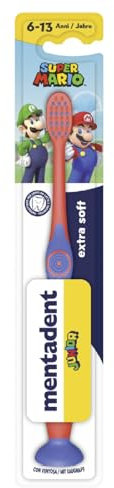 Mentadent Spazzolino Junior, Spazzolino Bambini 6-13 Anni, Setole Morbide con Punte Molto Sottili (0,01 mm), progettato per Denti da Latte e Definitivi, Testina Arrotondata e Ventosa alla base