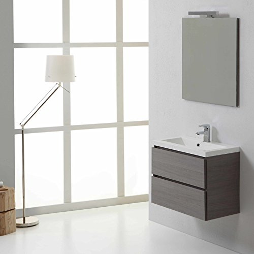 Kiamami Valentina - Meuble de Salle de Bain Suspendu Gris avec 2 tiroirs, lavabo en résine et Miroir | Manhattan