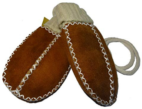 Baby-Lammfell-Handschuhe / - Fäustel mit Strickbündchen, camel - naturfarben